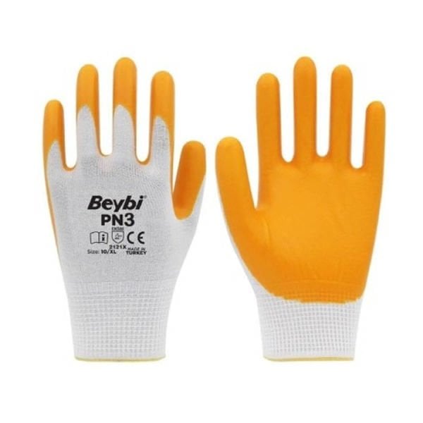 Beybi PN3 12 li Beyaz Sarı 10 Beden Polyester Örme Nitril Eldiven