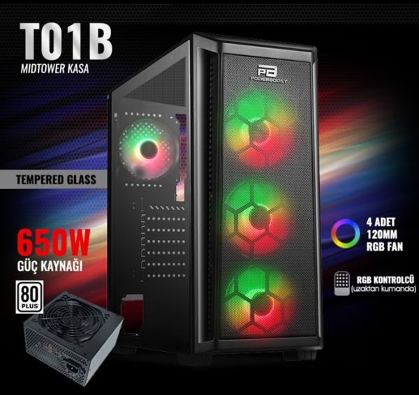PowerBoost VK-T01B 650W 80+ RGB USB 3.0 ATX Mid Tower Kasa