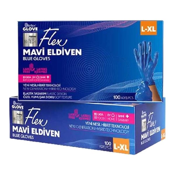 Flex 100 lü L-XL Mavi Pudrasız Eldiven