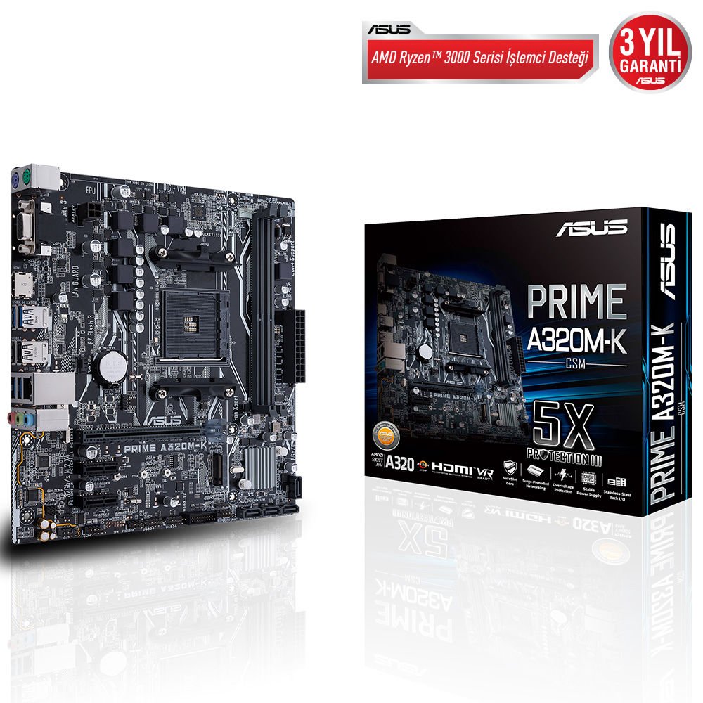 Asus Prime A320M-K-CSM AMD AM4 32GB DDR4 3200Mhz M2 Vga-Hdmi mATX Anakart