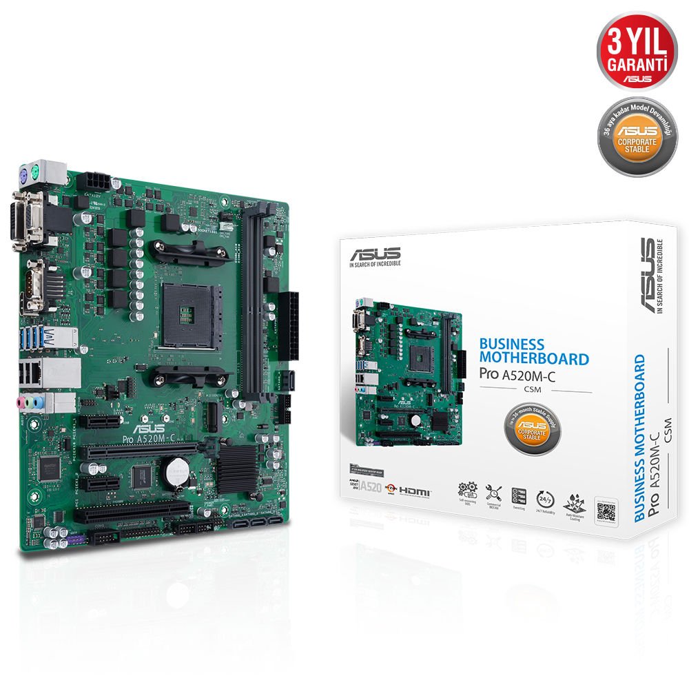 Asus Pro A520M-C-CSM AMD AM4 64GB DDR4 4600Mhz M2 DviVga-Hdmi mATX Anakart