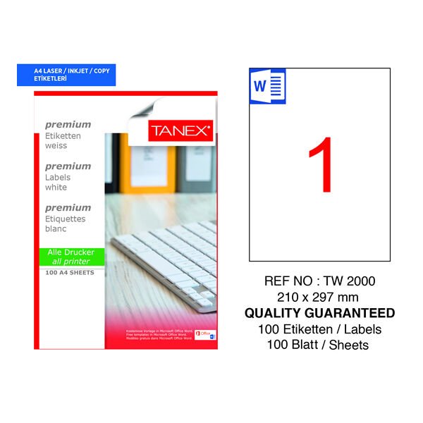 Tanex TW-2000 210x297mm 100 lü Lazer Etiket