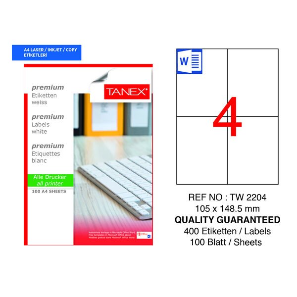 Tanex TW-2204 105x148,5mm 100 lü Lazer Etiket