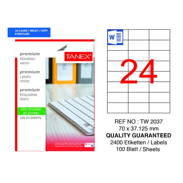 Tanex TW-2037 70x37mm 100 lü Lazer Etiketi