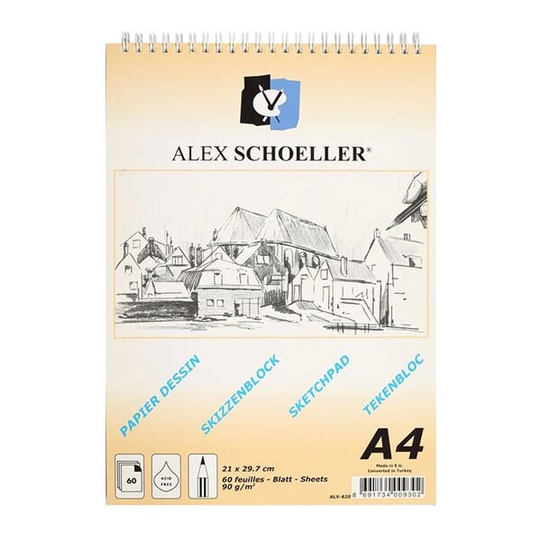 Alex Schoeller ALX-820 A4 90 gr 60 Yaprak Dikey Spiralli Eskiz Bloknot