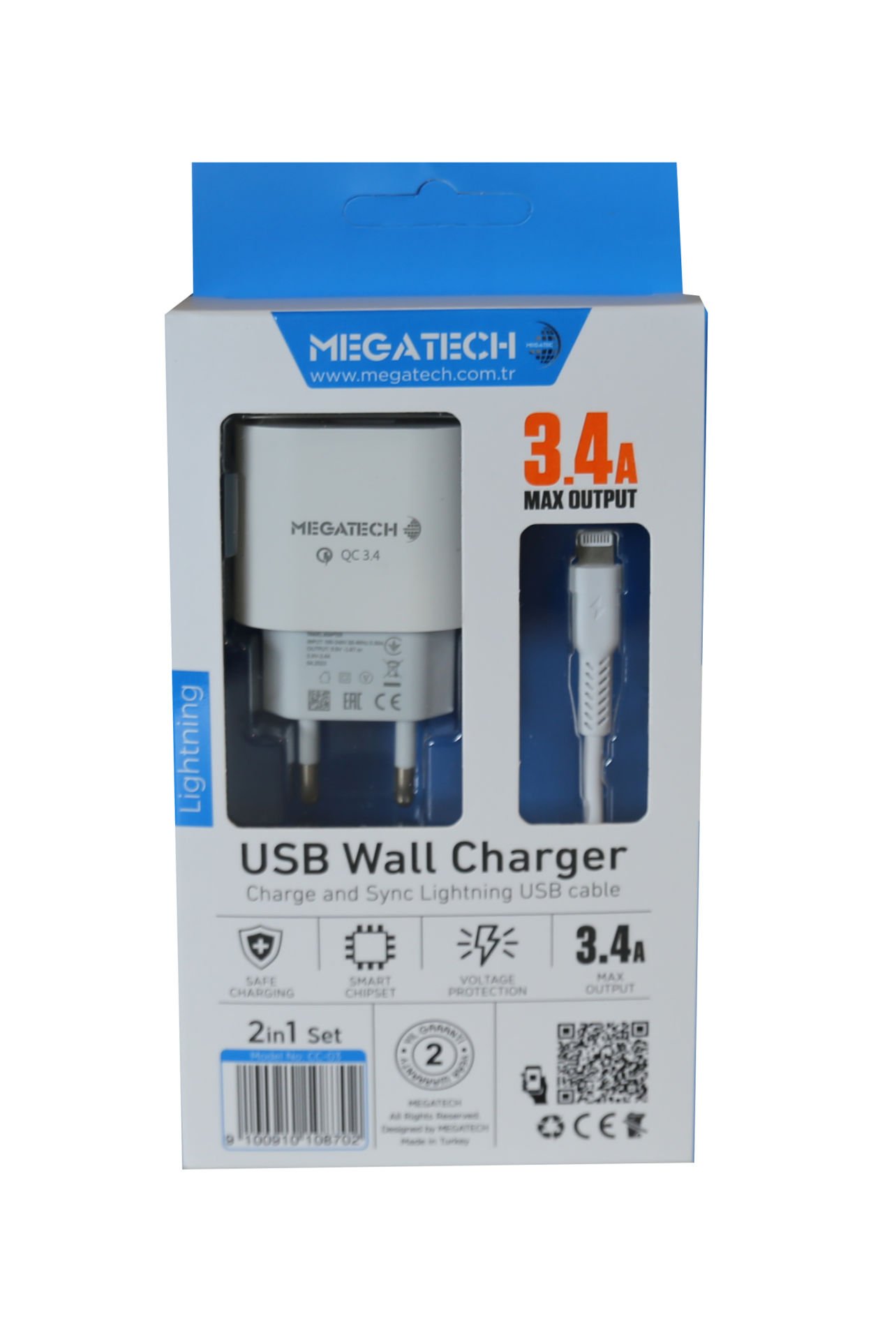 Megatech CC-03 3.4A Lightning Usb Kablo + Ev Şarj Adaptörü Hızlı Şarj