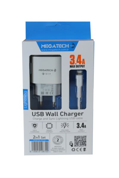 Megatech CC-03 3.4A Lightning Usb Kablo + Ev Şarj Adaptörü Hızlı Şarj