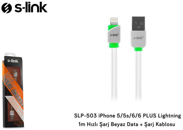S-link SLP-503 iPhone 5-5s-6-6 Plus Lightning 1m Hızlı Şarj Beyaz Data + Şarj Kablosu