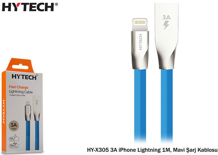 Hytech HY-X305 3A iPhone Lightning 1M, Mavi Şarj Kablosu