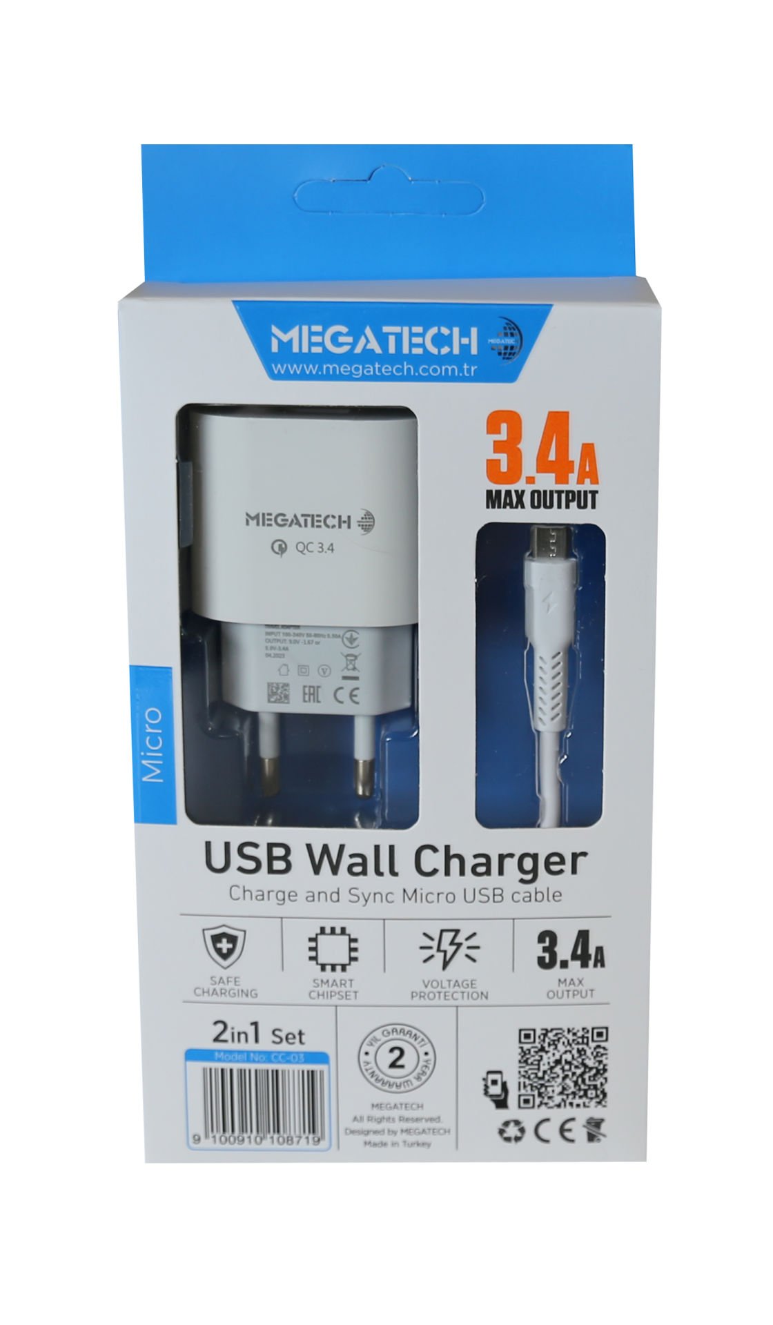 Megatech CC-03 3.4A Micro Usb Kablo+ Ev Şarj Adaptörü Hızlı Şarj