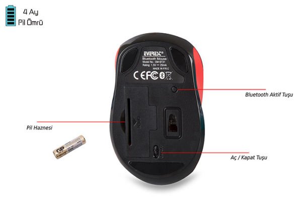 Everest SM-BT31 Kırmızı Bluetooth Kablosuz Mouse