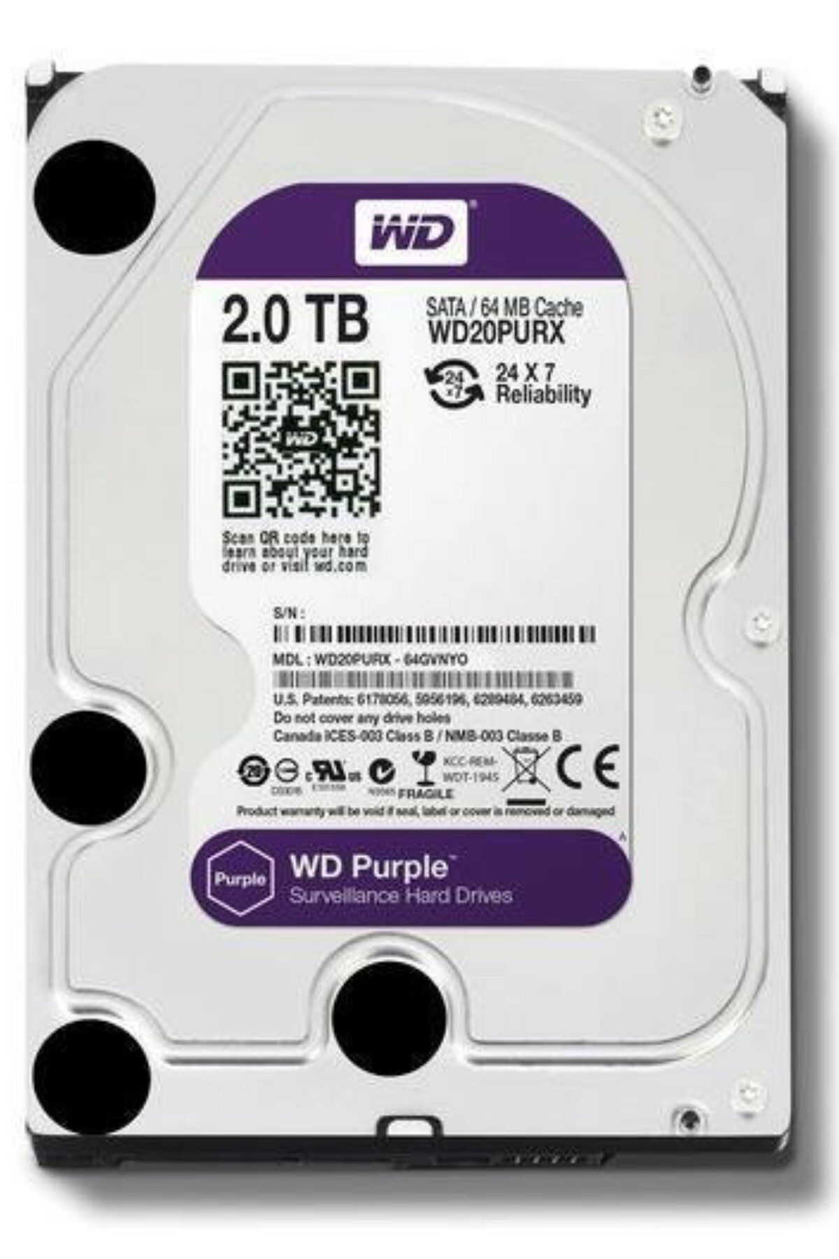 Wd 2Tb Purple 3.5'' 5400 Rpm Sata 3 Wd20purx Güvenlik Hdd 7-24 Harddisk