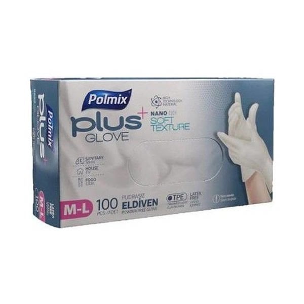 Polmix 100 lü Plus Pudrasız Glove Nano Tech M-L Şeffaf Eldiven