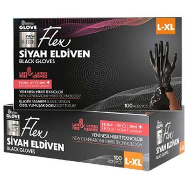 Reflex Flex 100 lü XL-L Siyah Pudrasız Eldiven
