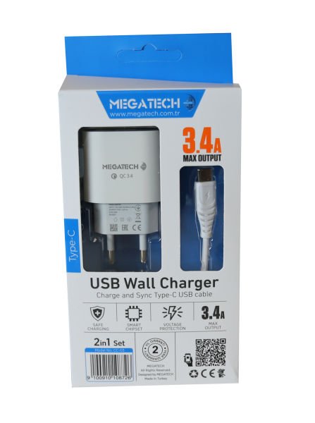 Megatech CC-03 3.4A Type-C Usb Kablo+ Ev Şarj Adaptör Hızlı Şarj