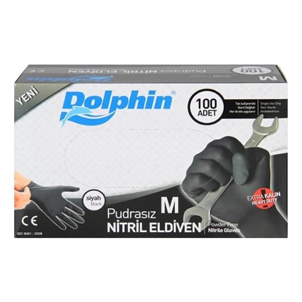 Dolphin 100 lü M Nitril Pudrasız Siyah Extra Kalın Eldiven