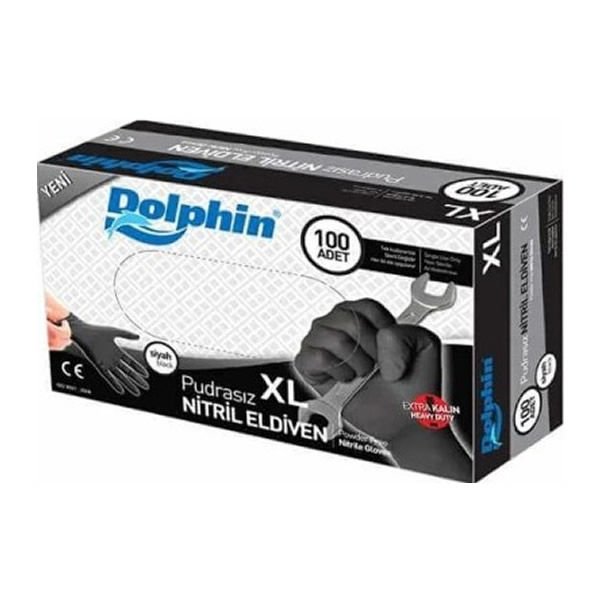Dolphin 100 lü XL Nitril Pudrasız Siyah Extra Kalın Eldiven