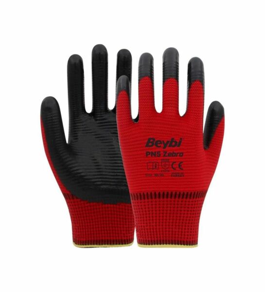 Beybi Nitril PMK PN5 Zebra Kırmzı Siyah 10 Beden 12li Paket
