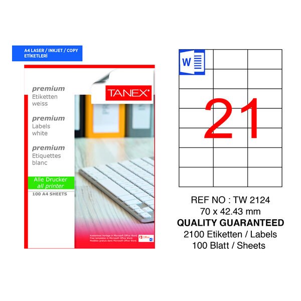 Tanex TW-2124 70x42,43mm 100 lü Lazer Etiket