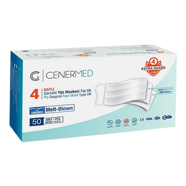 Cenermed 50 li Beyaz 4 Katlı Lastik Halkalı Melt Blown Maske