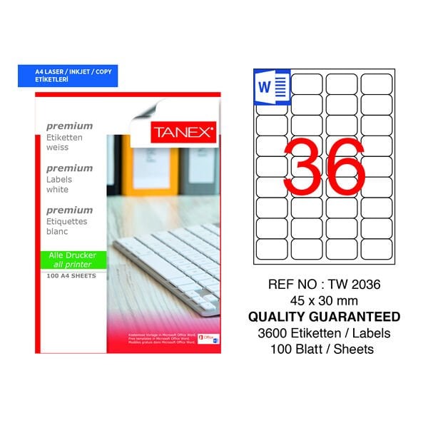 Tanex TW-2036 45x30mm 100 lü Lazer Etiketi