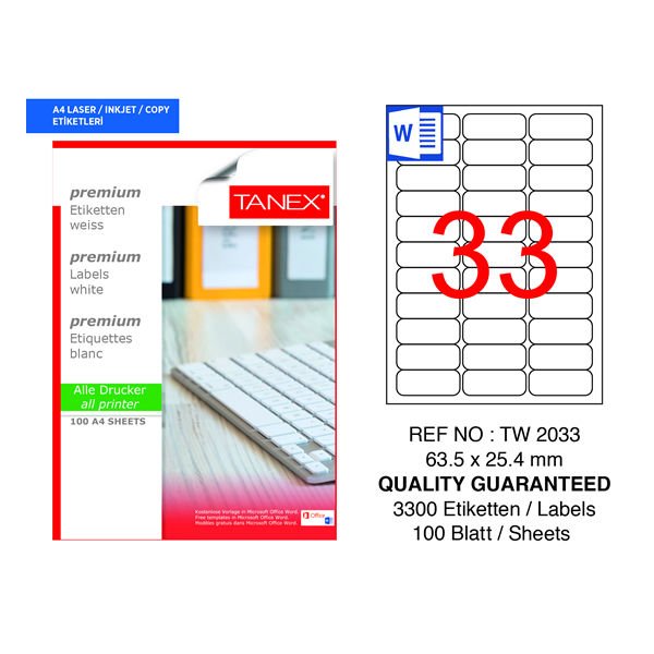 Tanex TW-2033 63,5x25,4mm 100 lü Lazer Etiketi